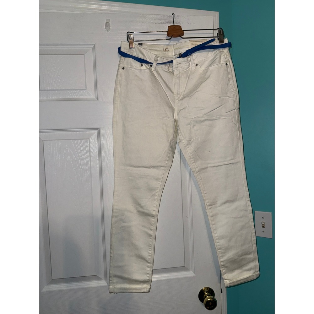 LC Lauren Conrad Skinny Ankle Mid Rise White Jeans with Blue Belt Size 10 NWT